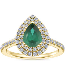 NUEVO. Anillo de compromiso con halo doble de diamantes en micropavé y esmeralda en forma de pera, en oro amarillo de 18 k (7x5 mm)