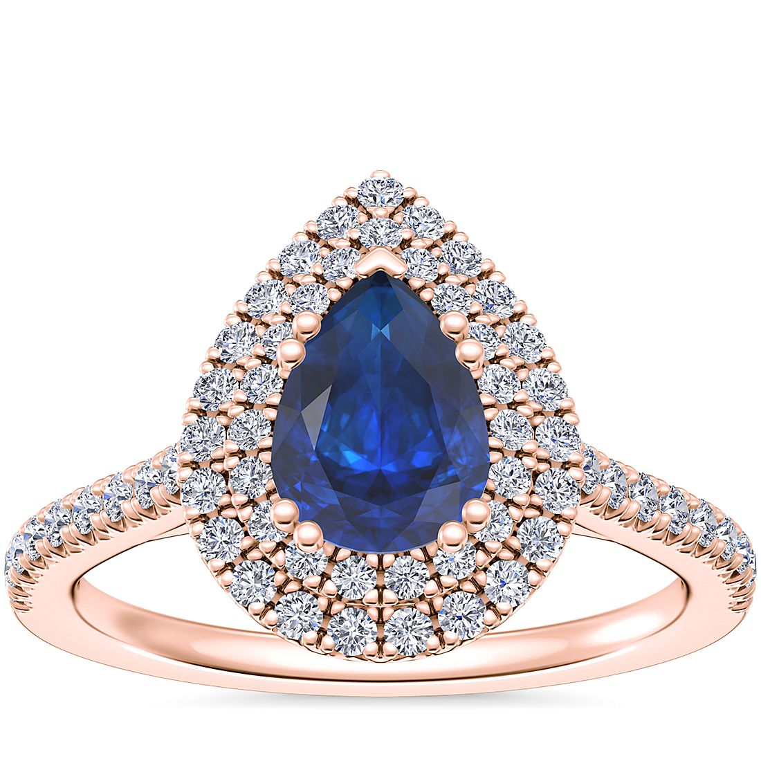 Micropavé Double Halo Diamond Engagement Ring with Pear-Shaped Sapphire ...