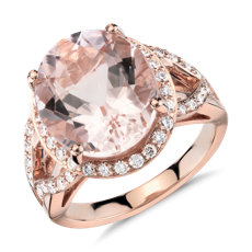 Anillo con morganita y halo de diamantes en oro rosado de 18 k (13x11mm)