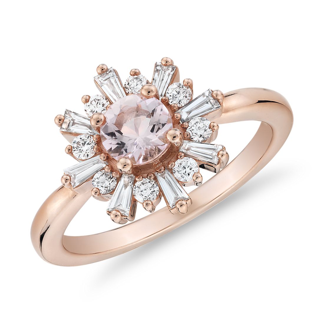 Morganite Ring with Baguette Diamond Halo in 14k Rose Gold (5mm)