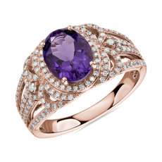 14k 玫瑰金橢圓形紫水晶與鑽石戒指