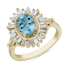 椭圆形海蓝宝石配长方形光环时尚戒指 14k 金 （6x8 毫米）
