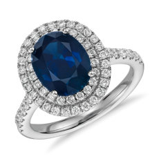 18k 白金椭圆形蓝宝石与钻石双光环微密钉戒指（9x7 毫米）