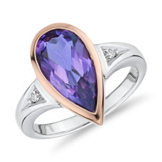 14k 玫瑰金及白金雙色調梨形紫水晶與鑽石時尚戒指（14x7 毫米）