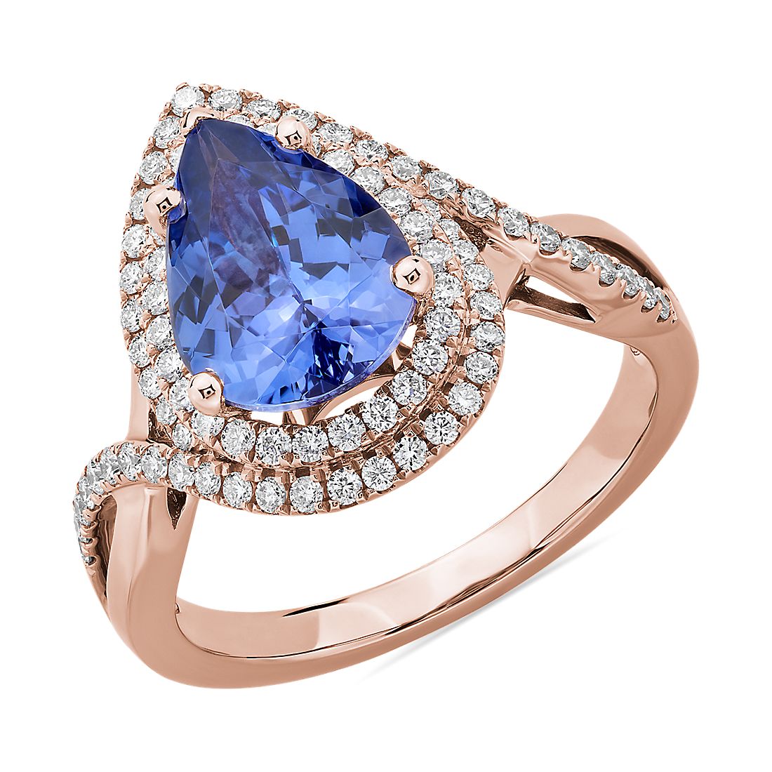 Pear Cut Tanzanite Ring with Double Diamond Halo in 14k Rose Gold