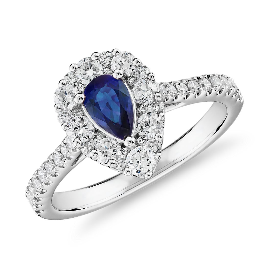 Pear Sapphire Ring with Diamond Halo in 14k White Gold (6x4mm)