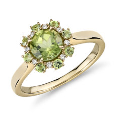 14k 黃金橄欖石與鑽石光環橄欖石戒指（6 毫米）