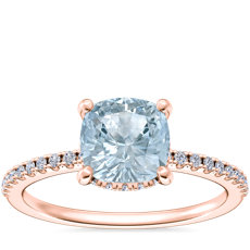 Petite Micropavé Hidden Halo Engagement Ring with Cushion Aquamarine in 14k Rose Gold (6.5mm)