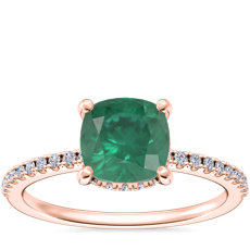 Petite Micropavé Hidden Halo Engagement Ring with Cushion Emerald in 14k Rose Gold (6.5mm)