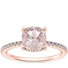 Petite Micropavé Hidden Halo Engagement Ring with Cushion Morganite in 14k Rose Gold (6.5mm)