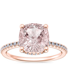 Petite Micropavé Hidden Halo Engagement Ring with Cushion Morganite in 14k Rose Gold (8mm)