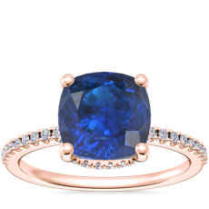 NEW Petite Micropavé Hidden Halo Engagement Ring with Cushion Sapphire in 14k Rose Gold (8mm)