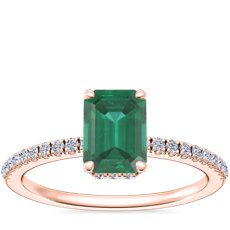 Petite Micropavé Hidden Halo Engagement Ring with Emerald-Cut Emerald in 14k Rose Gold (7x5mm)