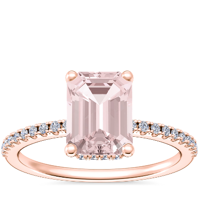 Petite Micropavé Hidden Halo Engagement Ring with Emerald-Cut Morganite in 14k Rose Gold (8x6mm)