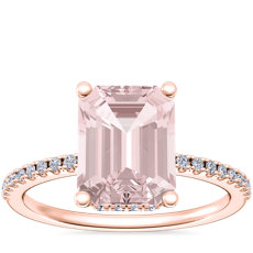 Petite Micropavé Hidden Halo Engagement Ring with Emerald-Cut Morganite in 14k Rose Gold (9x7mm)