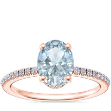 Petite Micropavé Hidden Halo Engagement Ring with Oval Aquamarine in 14k Rose Gold (8x6mm)