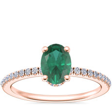 Petite Micropavé Hidden Halo Engagement Ring with Oval Emerald in 14k Rose Gold (7x5mm)