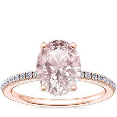 Petite Micropavé Hidden Halo Engagement Ring with Oval Morganite in 14k Rose Gold (9x7mm)