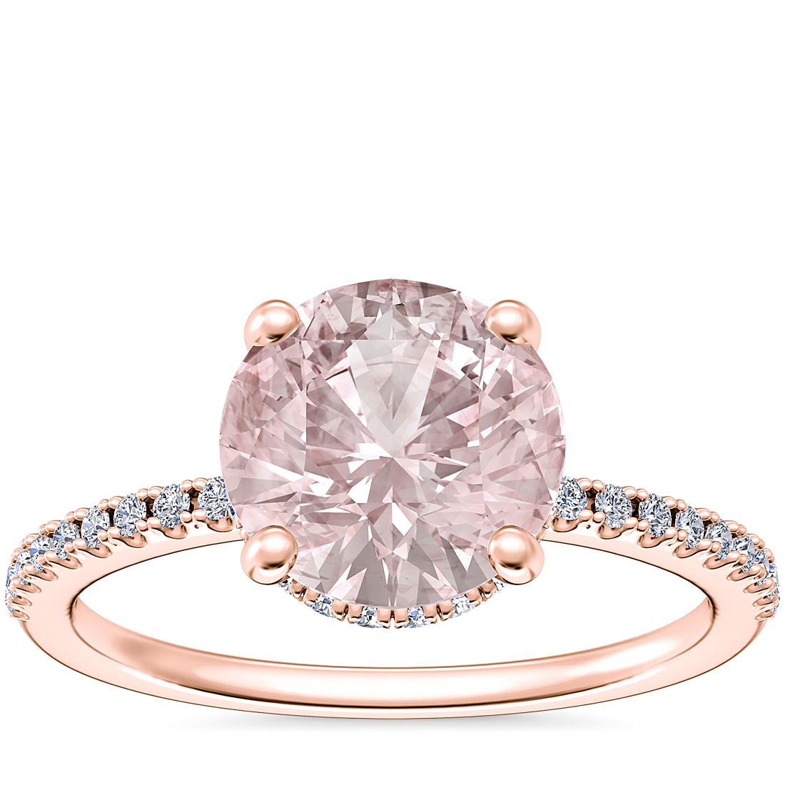 Petite Micropavé Hidden Halo Engagement Ring with Round Morganite in 14k Rose Gold (8mm)