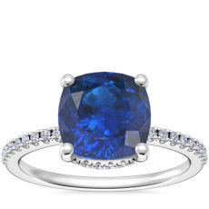 NEW Petite Micropavé Hidden Halo Engagement Ring with Cushion Sapphire in 14k White Gold (8mm)