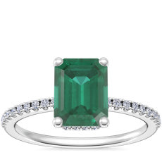 Petite Micropavé Hidden Halo Engagement Ring with Emerald-Cut Emerald in 14k White Gold (8x6mm)