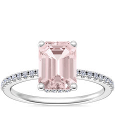 Petite Micropavé Hidden Halo Engagement Ring with Emerald-Cut Morganite in 14k White Gold (8x6mm)