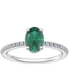 Petite Micropavé Hidden Halo Engagement Ring with Oval Emerald in 14k White Gold (7x5mm)