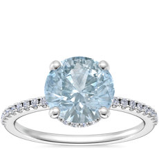 Petite Micropavé Hidden Halo Engagement Ring with Round Aquamarine in 14k White Gold (8mm)
