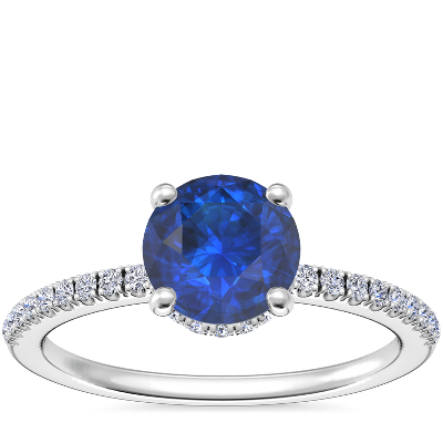 Petite Micropavé Hidden Halo Engagement Ring with Round Sapphire in 14k ...