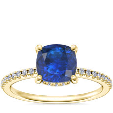 Petite Micropavé Hidden Halo Engagement Ring with Cushion Sapphire in 14k Yellow Gold (6mm)