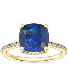 NEW Petite Micropavé Hidden Halo Engagement Ring with Cushion Sapphire in 14k Yellow Gold (8mm)