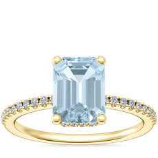 Petite Micropavé Hidden Halo Engagement Ring with Emerald-Cut Aquamarine in 14k Yellow Gold (8x6mm)
