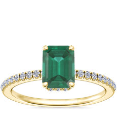 Petite Micropavé Hidden Halo Engagement Ring with Emerald-Cut Emerald in 14k Yellow Gold (7x5mm)