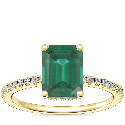 Petite Micropavé Hidden Halo Engagement Ring with Emerald-Cut Emerald in 14k Yellow Gold (8x6mm)