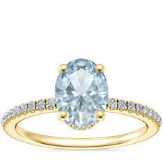 Petite Micropavé Hidden Halo Engagement Ring with Oval Aquamarine in 14k Yellow Gold (8x6mm)