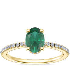 Petite Micropavé Hidden Halo Engagement Ring with Oval Emerald in 14k Yellow Gold (7x5mm)