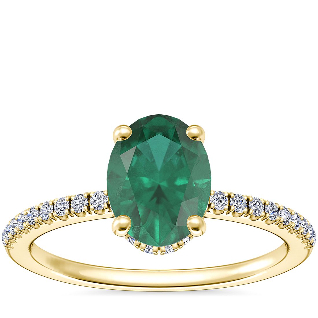 Petite Micropavé Hidden Halo Engagement Ring with Oval Emerald in 14k Yellow Gold (8x6mm)
