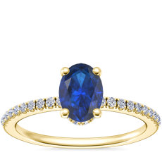 Petite Micropavé Hidden Halo Engagement Ring with Oval Sapphire in 14k Yellow Gold (7x5mm)