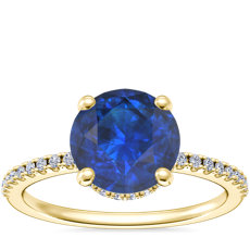 NEW Petite Micropavé Hidden Halo Engagement Ring with Round Sapphire in 14k Yellow Gold (8mm)