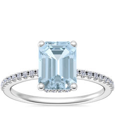 Petite Micropavé Hidden Halo Engagement Ring with Emerald-Cut Aquamarine in Platinum (8x6mm)