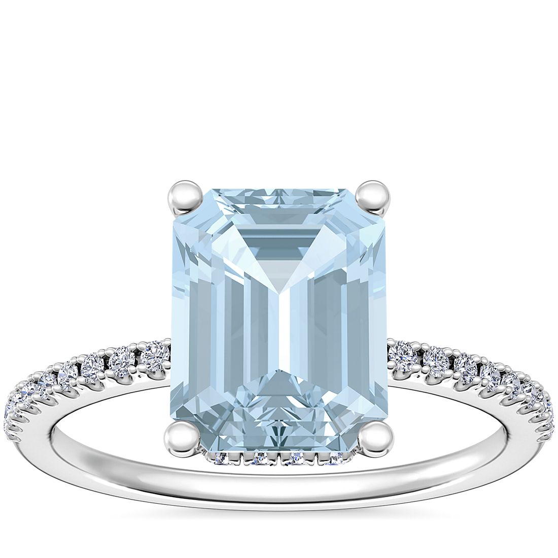 Petite Micropavé Hidden Halo Engagement Ring with Emerald-Cut Aquamarine in Platinum (9x7mm)