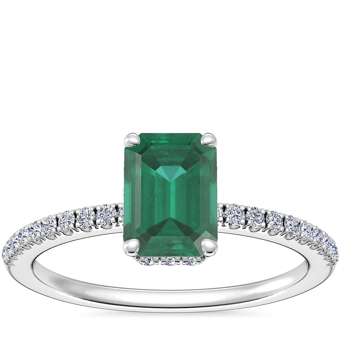 Petite Micropavé Hidden Halo Engagement Ring with Emerald-Cut Emerald in Platinum (7x5mm)
