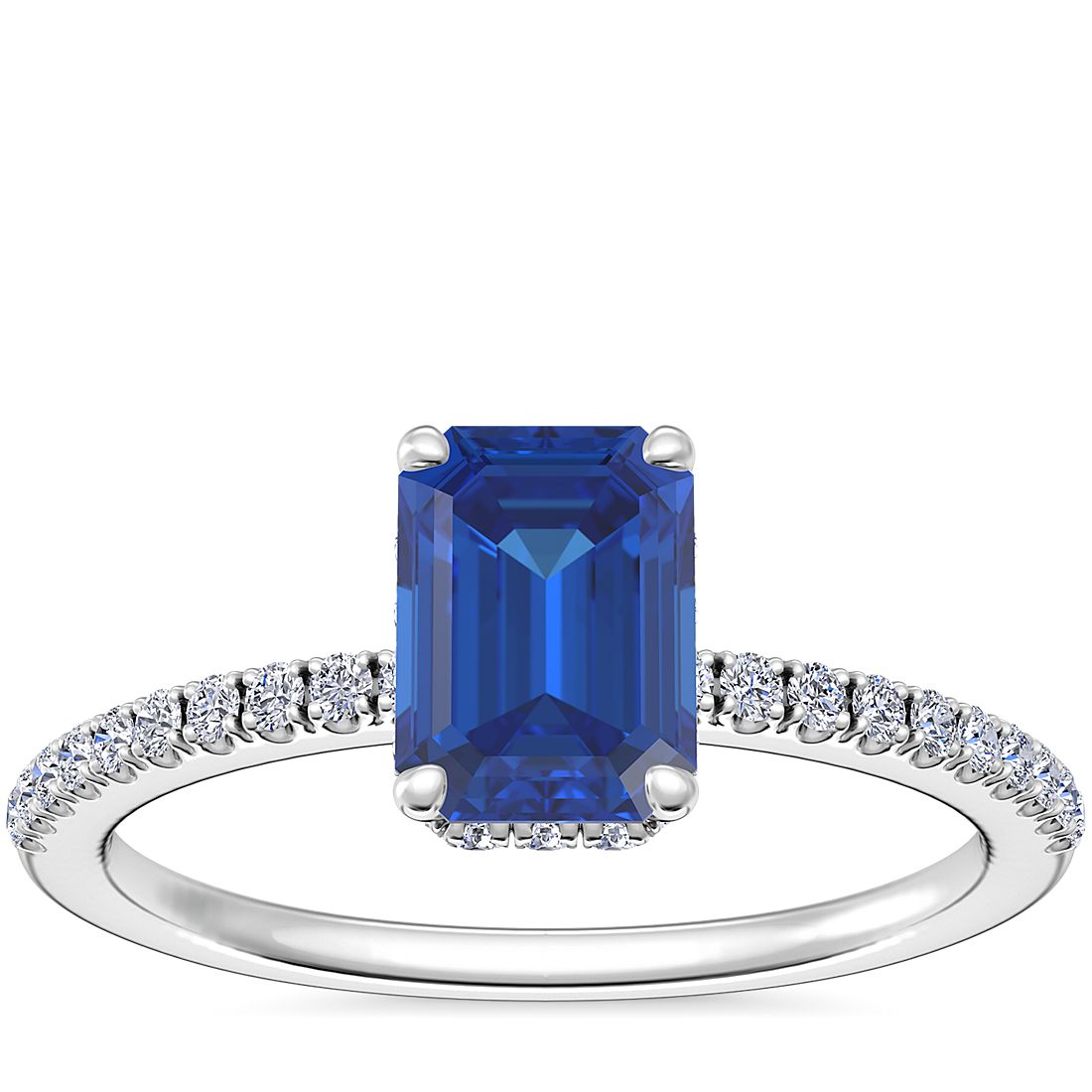 Petite Micropavé Hidden Halo Engagement Ring with Emerald-Cut Sapphire in Platinum (7x5mm)