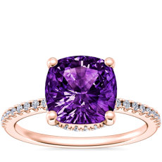 14k 玫瑰金垫形紫水晶小巧微密钉隐藏式光环订婚戒指（8 毫米）