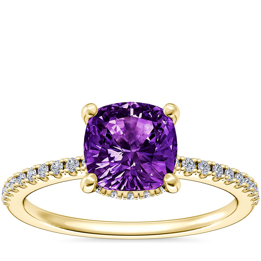 Petite Micropavé Hidden Halo Engagement Ring with Cushion Amethyst in 14k Yellow Gold (6.5mm)