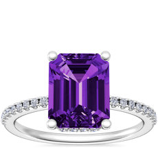 Petite Micropavé Hidden Halo Engagement Ring with Emerald-Cut Amethyst in 14k White Gold (9x7mm)