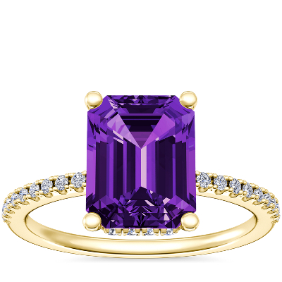 Petite Micropavé Hidden Halo Engagement Ring with EmeraldCut Amethyst