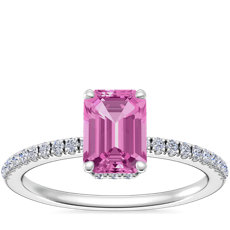 新款 14k 白金小巧微密钉隐藏式光环配祖母绿形切割粉色蓝宝石订婚戒指（7x5 毫米）