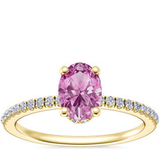 Petite Micropavé Hidden Halo Engagement Ring with Oval Pink Sapphire in 14k Yellow Gold (7x5mm)