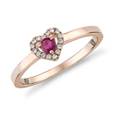 Petite Ruby and Diamond Pave Heart Ring in 14k Rose Gold (3mm)